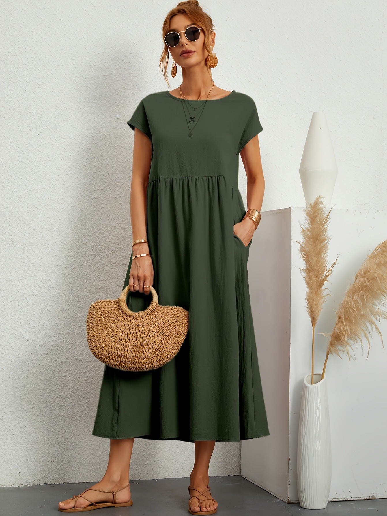 Robe Longue Fluide à Manches Courtes avec Poches Latérales