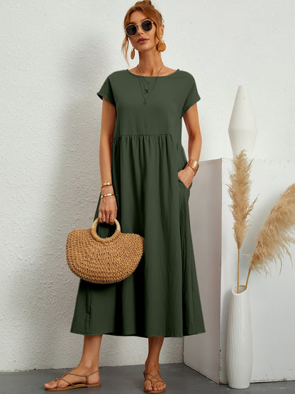Robe Longue Fluide à Manches Courtes avec Poches Latérales