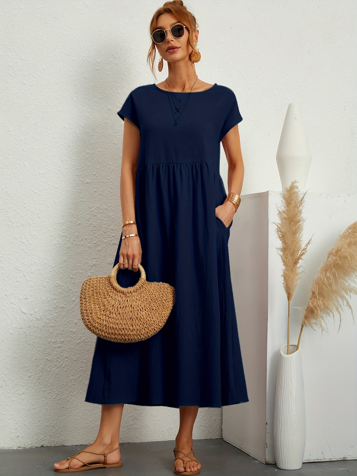 Robe Longue Fluide à Manches Courtes avec Poches Latérales