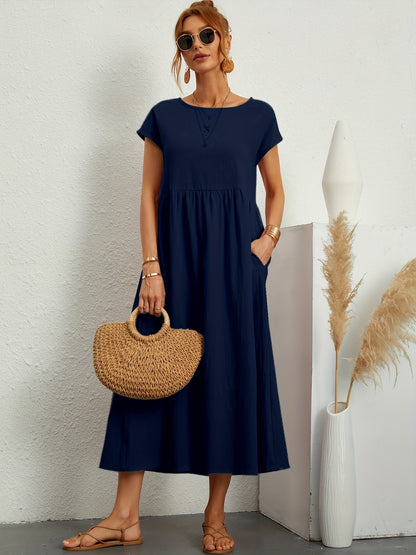 Robe Longue Fluide à Manches Courtes avec Poches Latérales