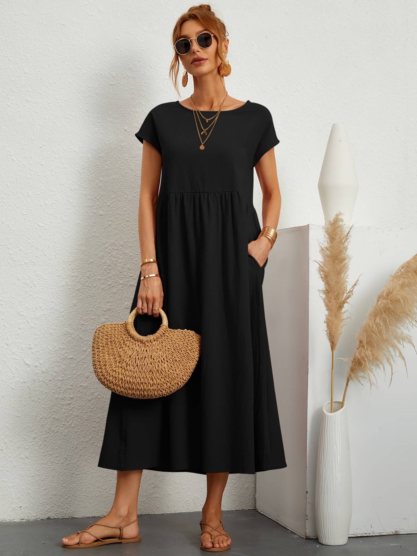 Robe Longue Fluide à Manches Courtes avec Poches Latérales