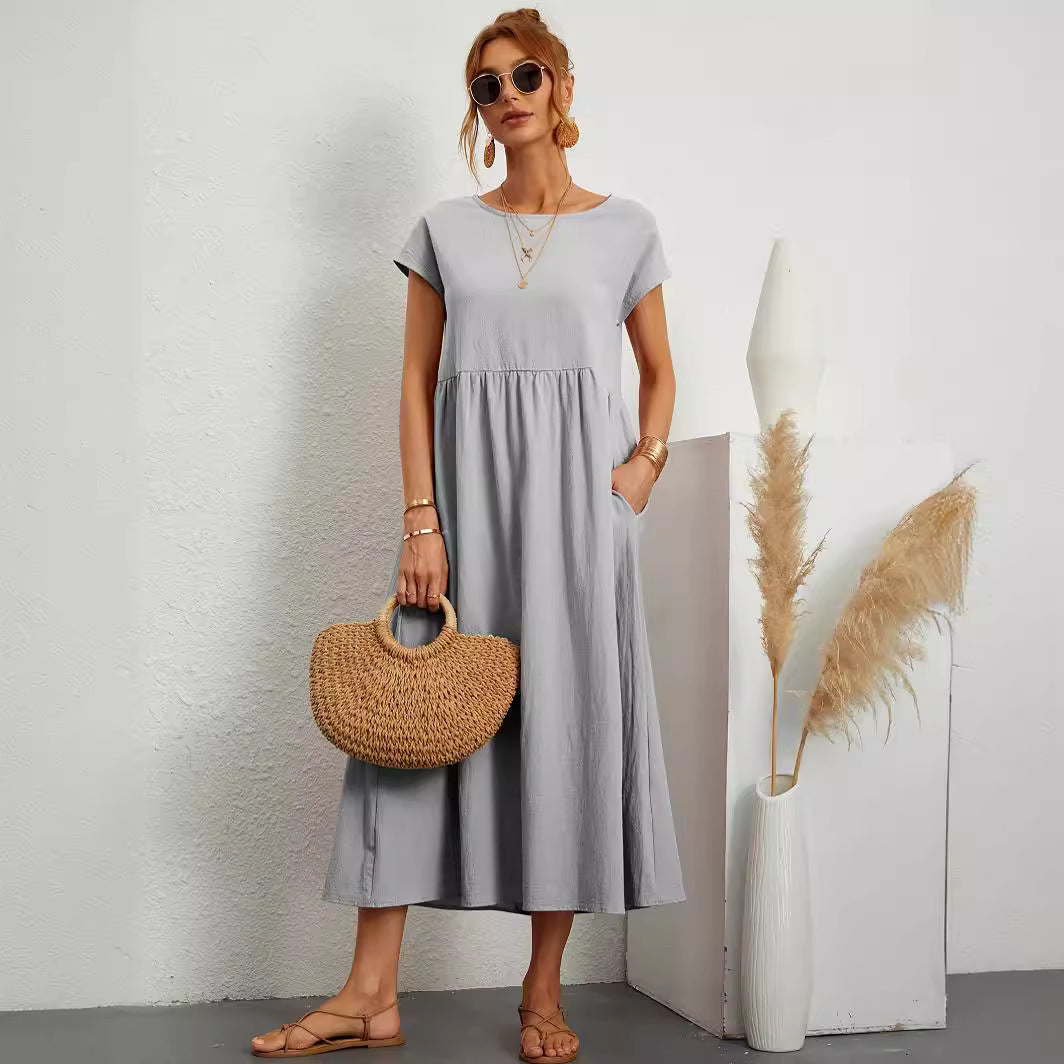 Robe Longue Fluide à Manches Courtes avec Poches Latérales