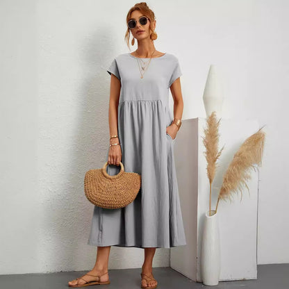 Robe Longue Fluide à Manches Courtes avec Poches Latérales