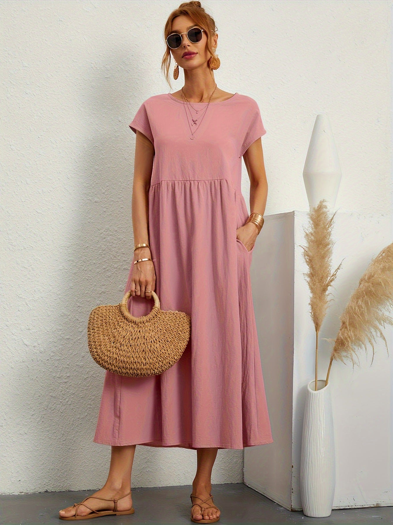 Robe Longue Fluide à Manches Courtes avec Poches Latérales