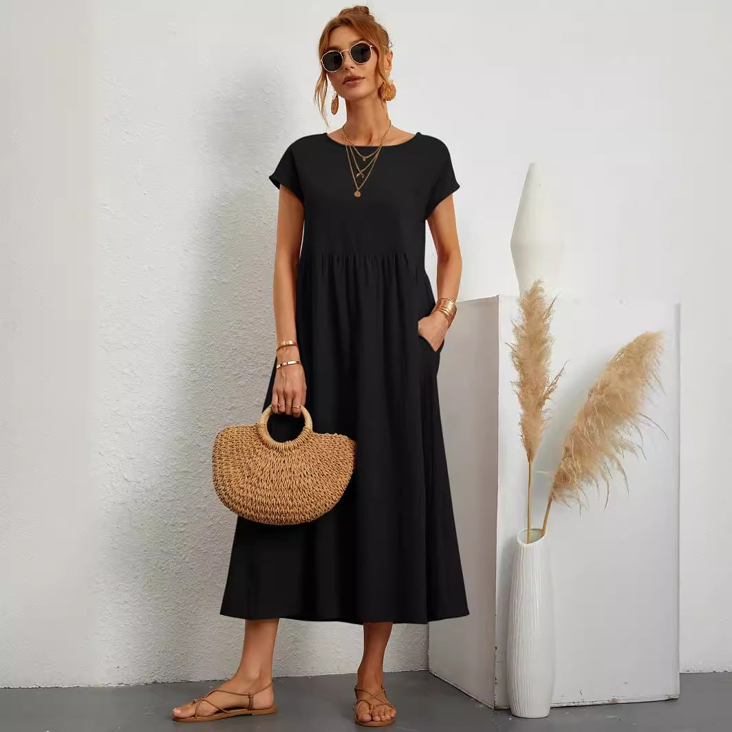 Robe Longue Fluide à Manches Courtes avec Poches Latérales