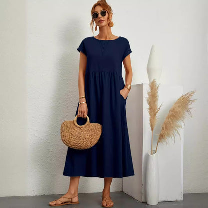Robe Longue Fluide à Manches Courtes avec Poches Latérales