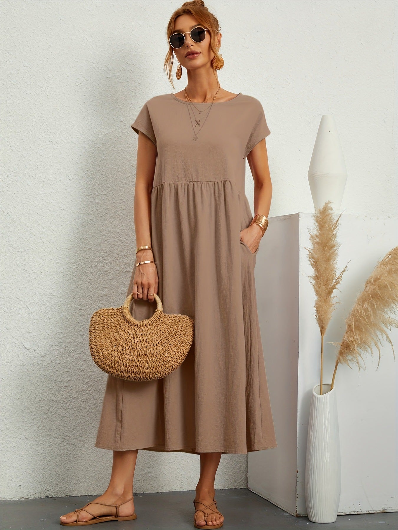 Robe Longue Fluide à Manches Courtes avec Poches Latérales