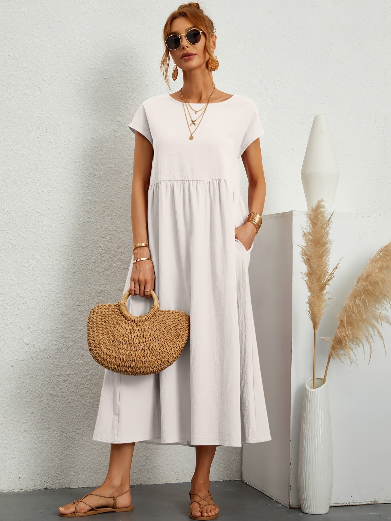 Robe Longue Fluide à Manches Courtes avec Poches Latérales