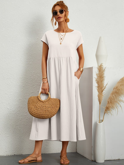 Robe Longue Fluide à Manches Courtes avec Poches Latérales