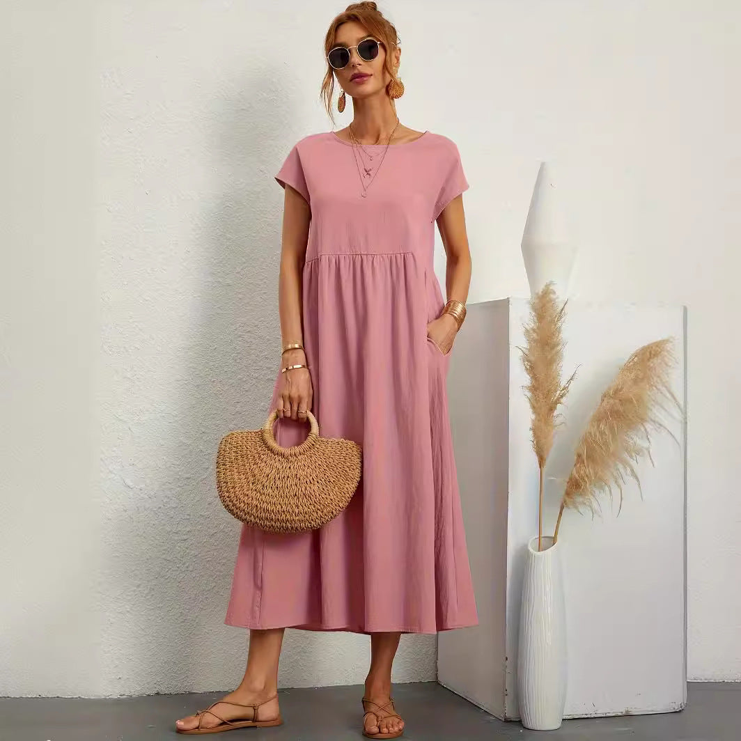 Robe Longue Fluide à Manches Courtes avec Poches Latérales