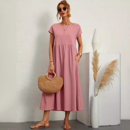 Robe Longue Fluide à Manches Courtes avec Poches Latérales