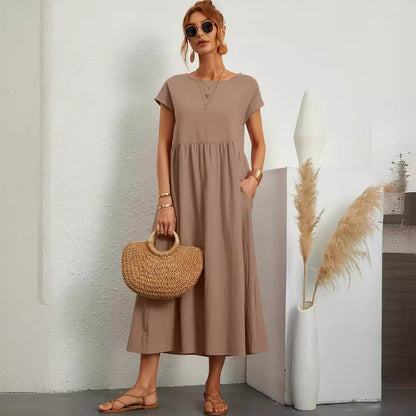 Robe Longue Fluide à Manches Courtes avec Poches Latérales