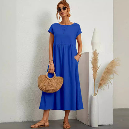 Robe Longue Fluide à Manches Courtes avec Poches Latérales